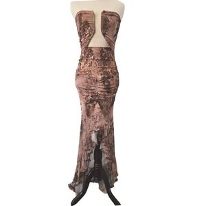 Edge KS Brown Leopard Floral Mesh Strapless Cutout Ruched High Low Maxi Dress S
